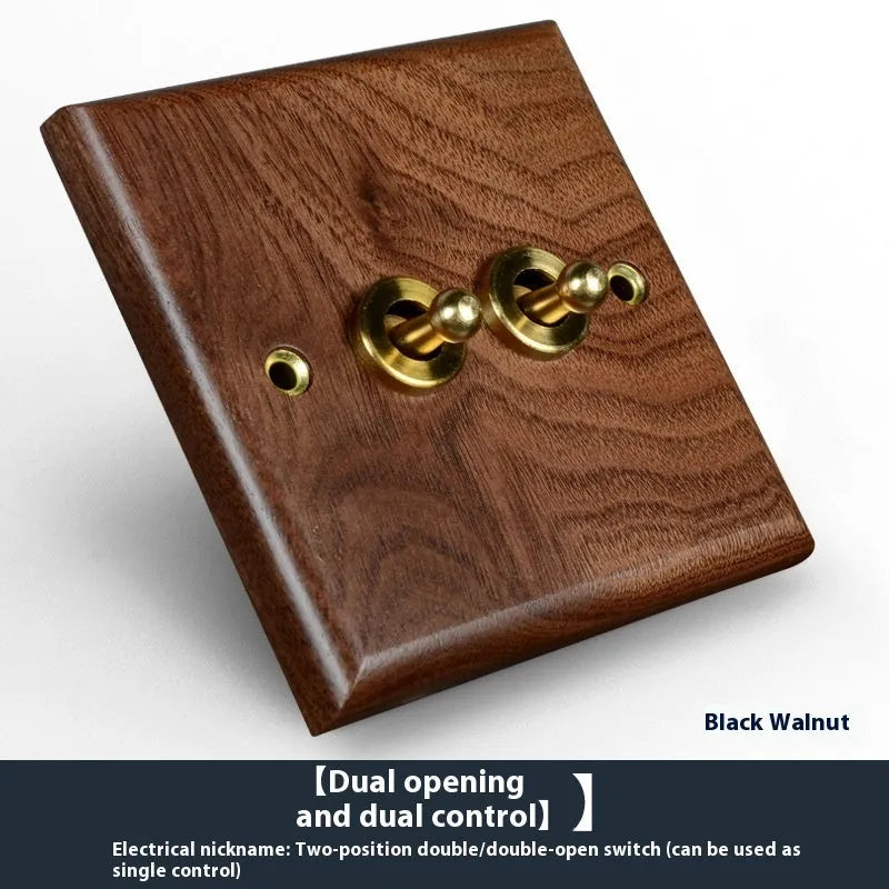 Black walnut solid wood panel brass work driving arm dual control switch socket in walnut colour