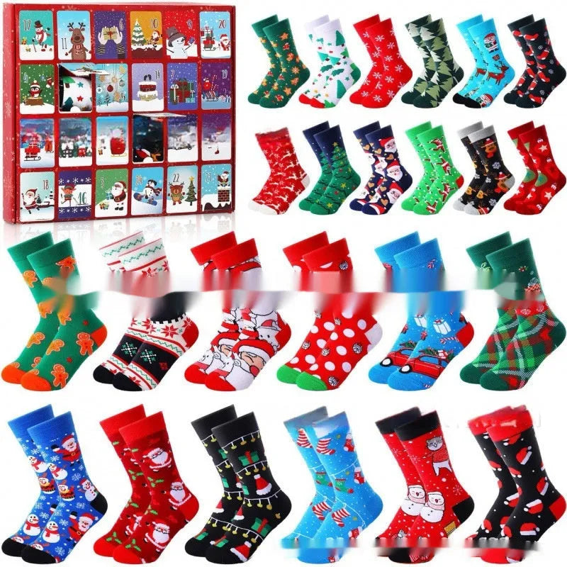 Seven different Christmas stocking blind boxes with colourful resin decorations for holiday displays