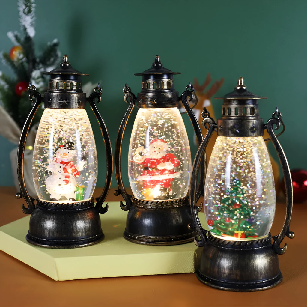 Plastic Christmas oil lamp desktop decoration with glowing crystal ball in snowman and elderly figure styles.