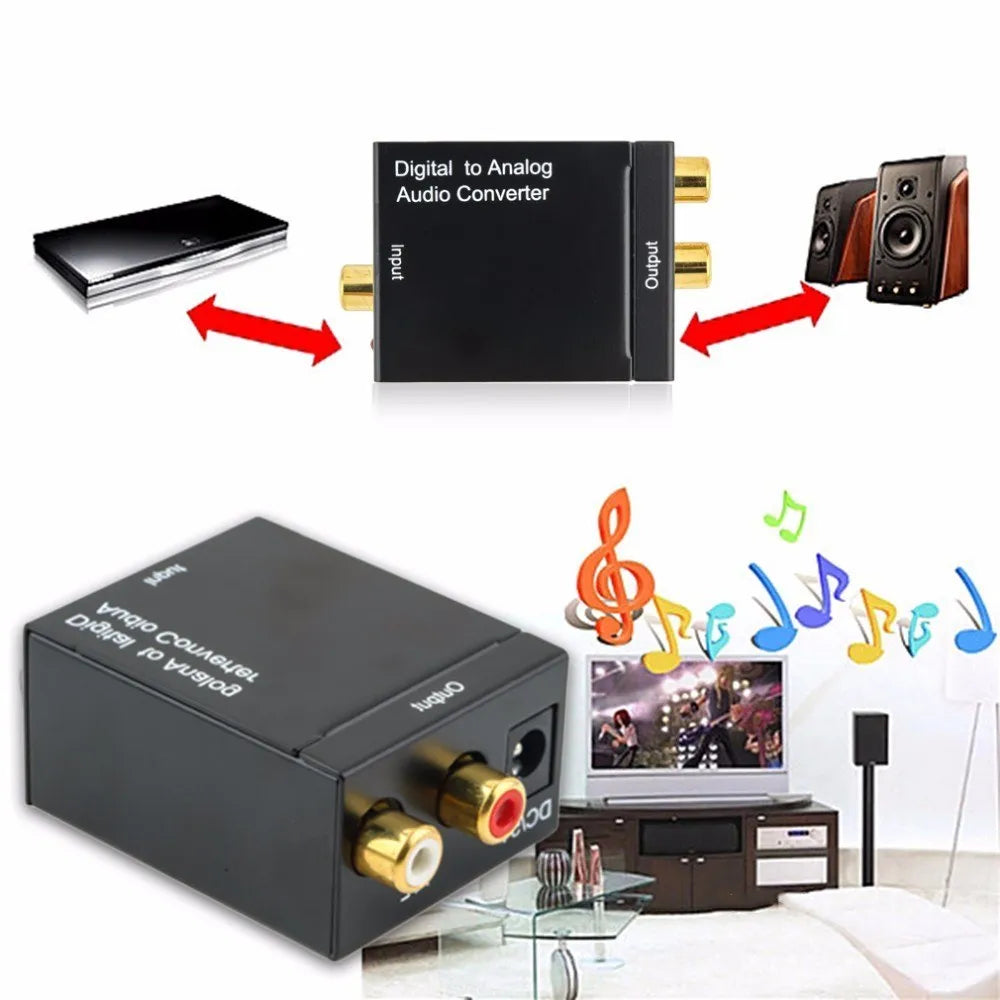 Black digital to analogue audio converter with Toslink and RCA inputs for DVD players