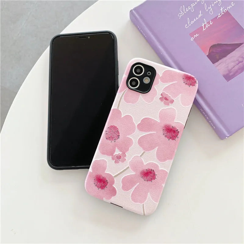 Pink flower phone case for iPhone with Japanese Korean design and soft rubber protective shell