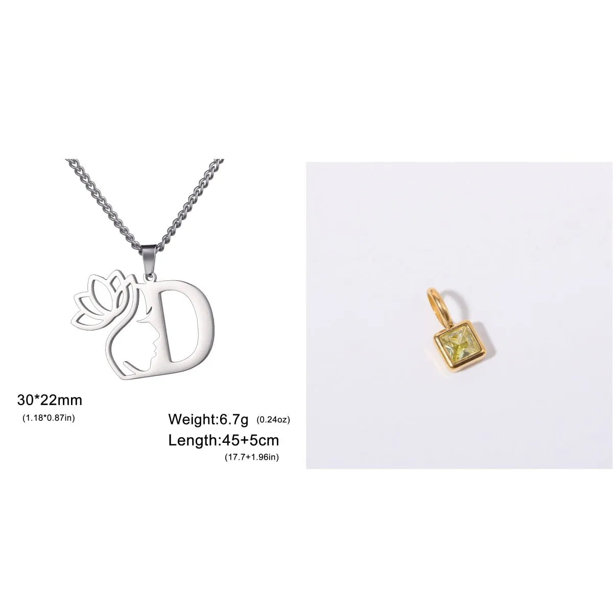 Stainless steel necklace with cross chain and a single initial pendant in a gold or silver finish.
