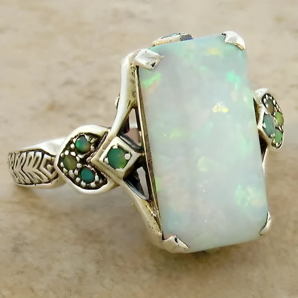 Rectangular white opal ancient silver ring on finger, silver tone, geometric design, alloy
