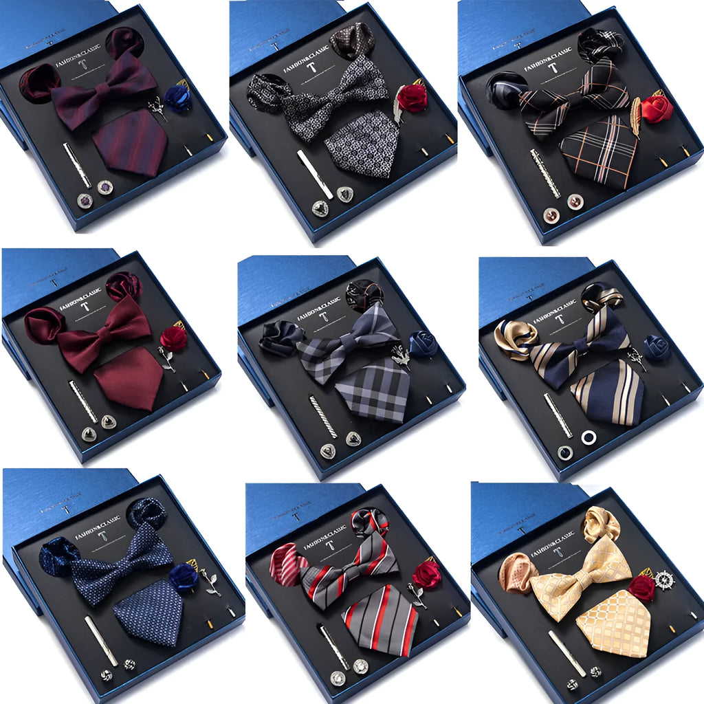 Men's 8-piece rayon jacquard bow tie set, heart shape arrow style, monochrome pattern, 146cm length