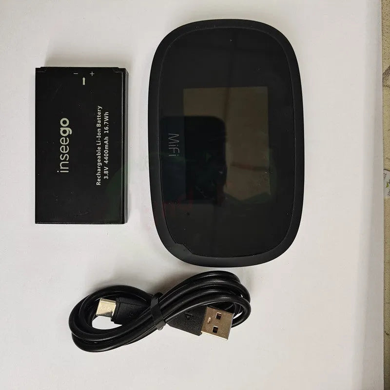 Black mifi8000 4G portable wireless router with battery and cable, showing compact size.