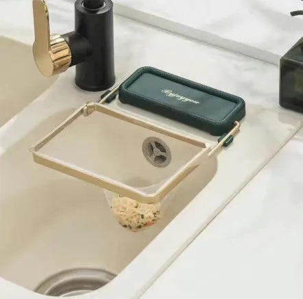 Dark green gold kitchen sink strainer with suction cups and fine mesh filter pocket