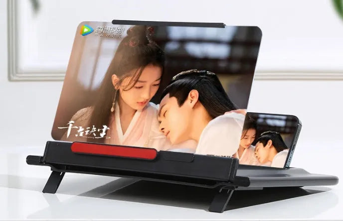 12-inch pull-out smartphone screen amplifier showing horizontal and vertical bracket positions