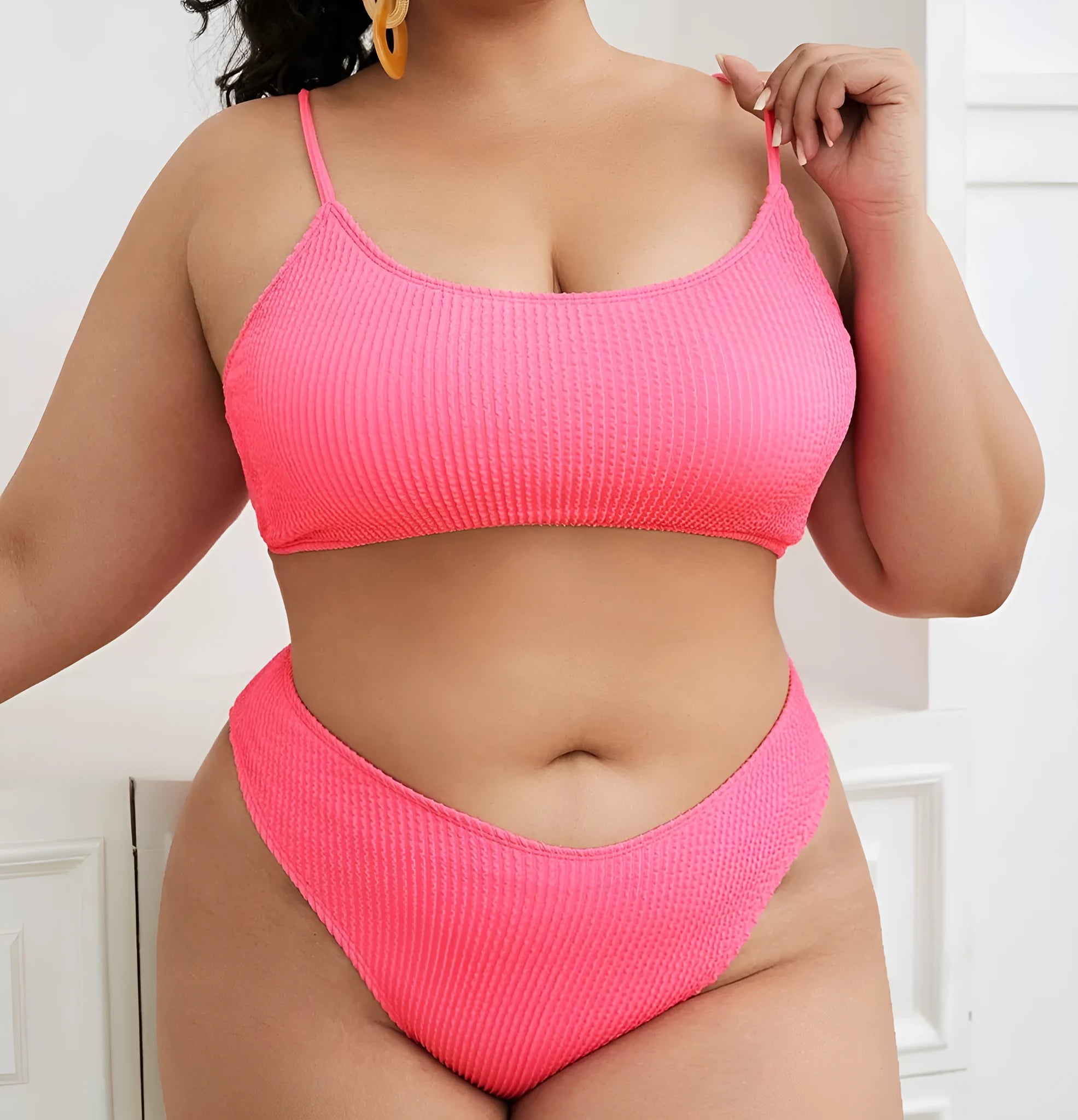 Plus-size solid colour pink bikini two-piece set with chest pad sized L to 4XL for women