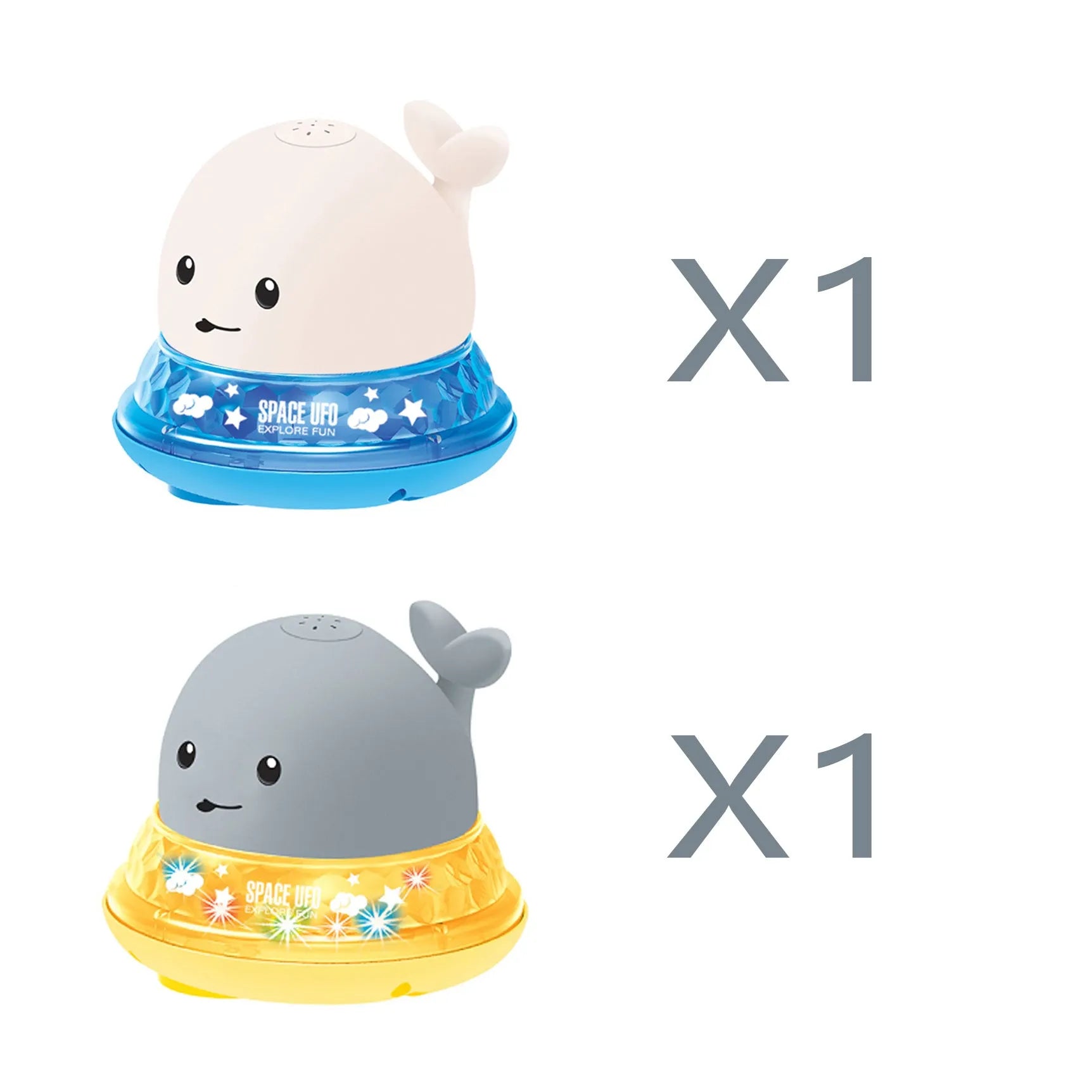 White and blue whale-shaped bath toy spraying water with LED lights on, floating in a baby bath