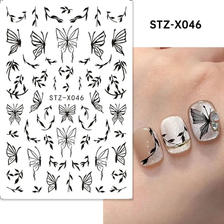 Black and silver stripe nail art sticker with a love pattern design on a plastic sheet.