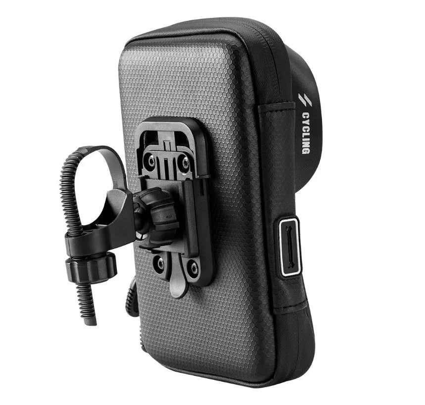 Black waterproof touch screen bicycle handlebar bag mounted on handlebars with phone visible through TPU window