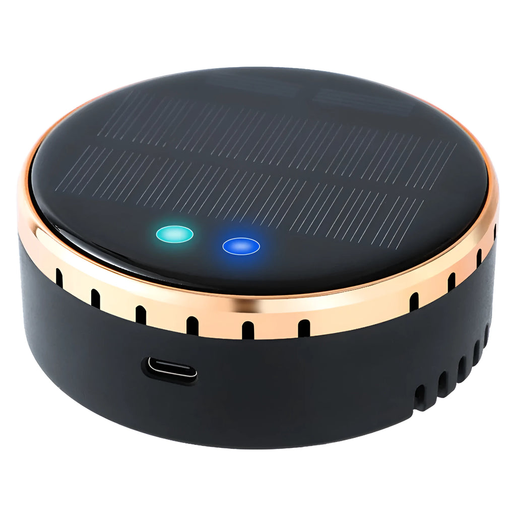 Car mounted solar air humidifier with solar panel, black colour, on vehicle vent
