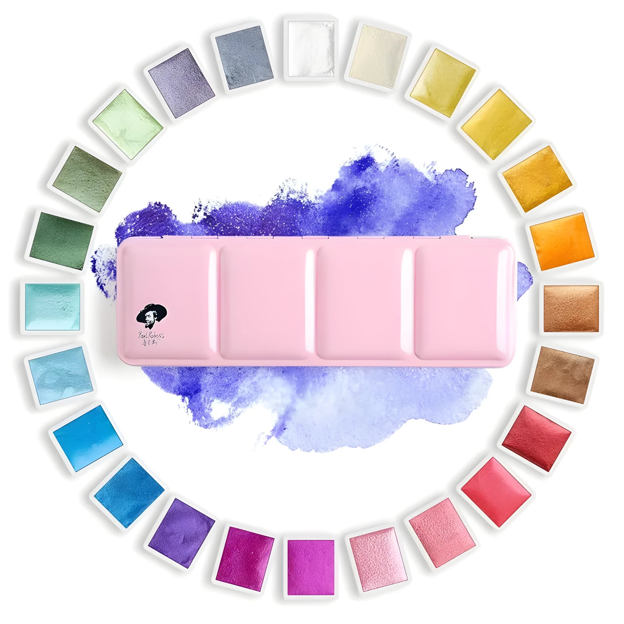 Solid watercolour paint palette with pearl finish pans, shown in 12-colour and 24-colour set options.