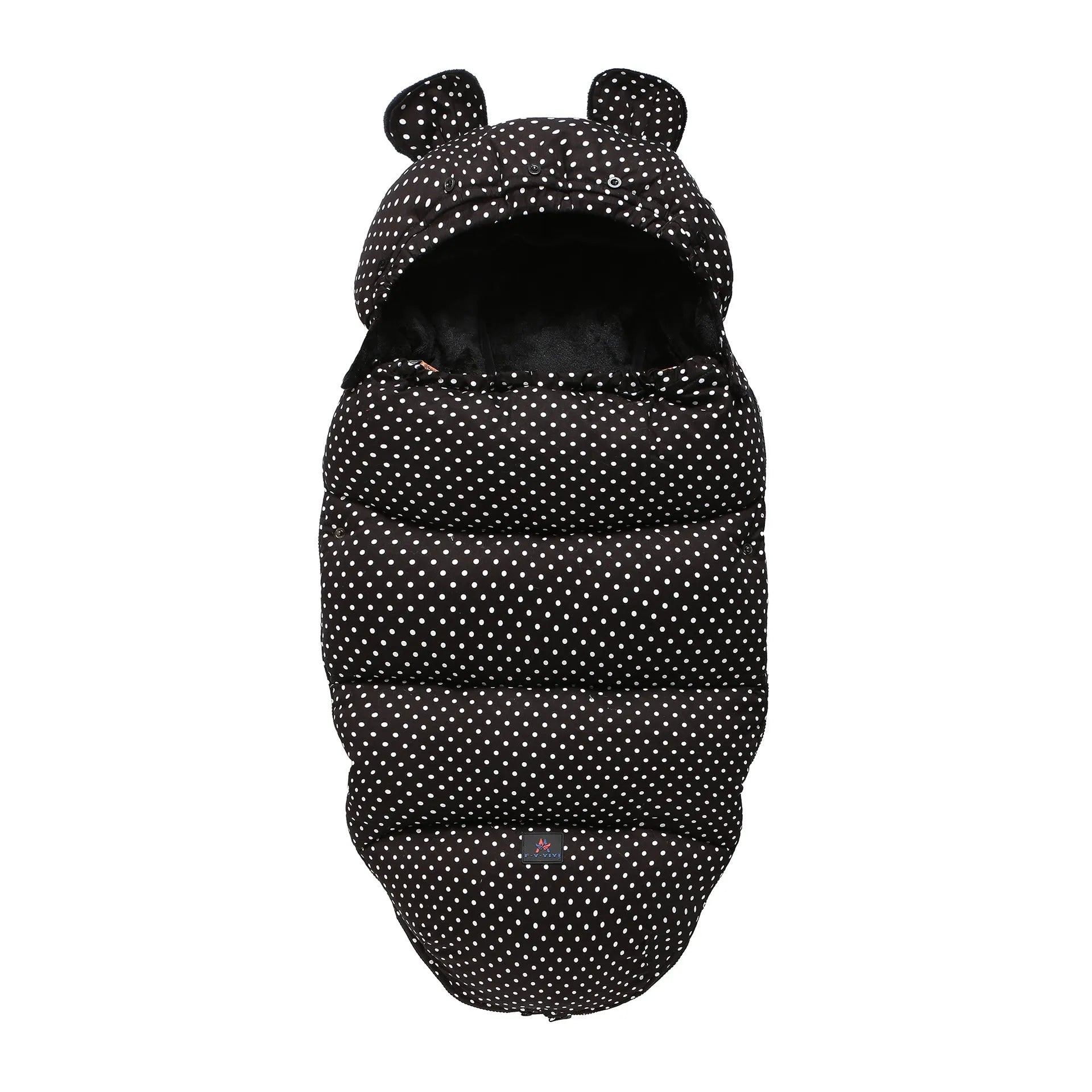 Convertible baby sleeping bag cocoon in a pram, showing cotton blend fabric and flannel lining.