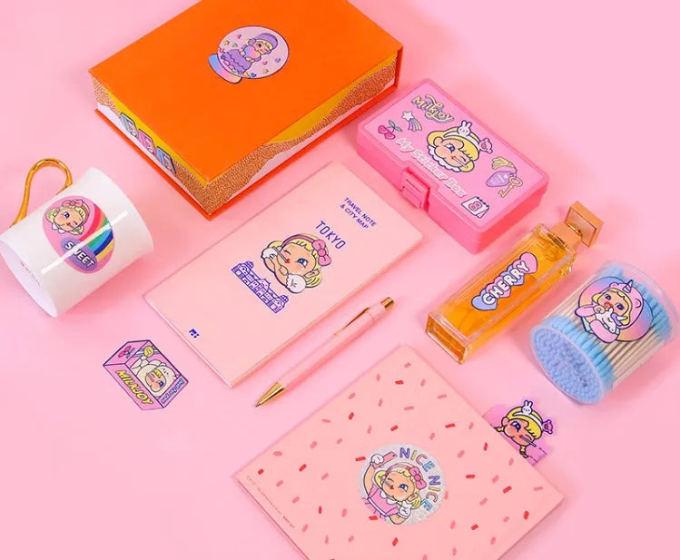 Cartoon sticker pack with 16 PVC stickers and storage box showing cute girl and heart designs