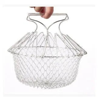 Stainless steel foldable deep fry basket with square grid design for kitchen use