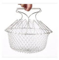 Stainless steel foldable deep fry basket with square grid design for kitchen use