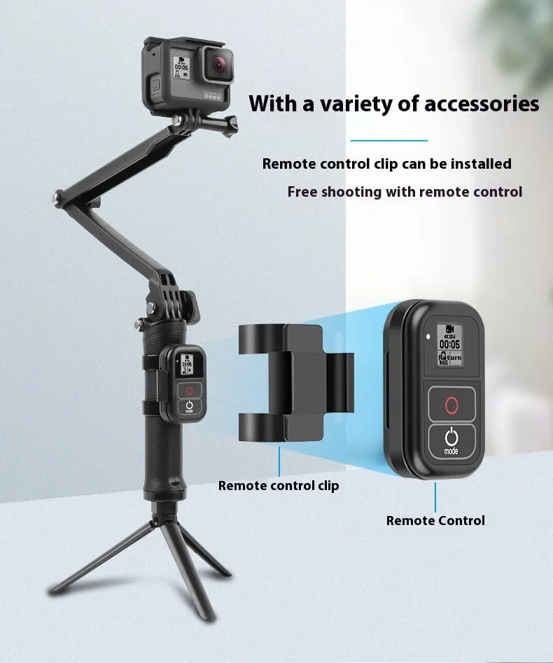 Black portable folding tripod bracket for GoPro Hero action cameras on a flat surface.