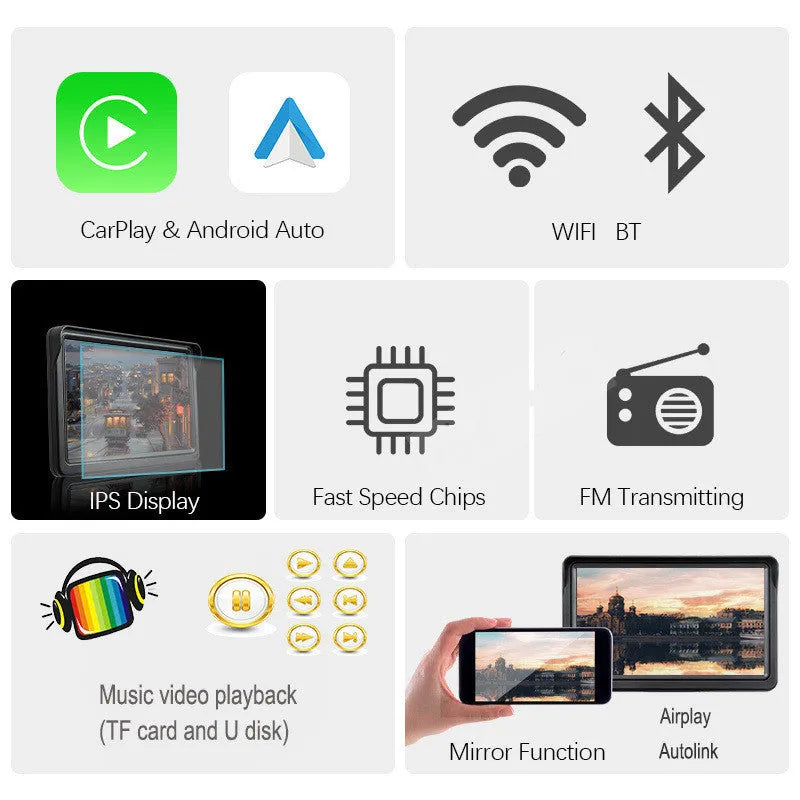 7 inch portable car smart display with retractable bracket showing wireless Carplay interface