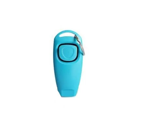 Plastic two-in-one pet ring and whistle dog training tool in black on white background