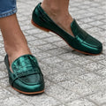 Green stone pattern flat tassel round toe loafers for women with low heel and PU upper
