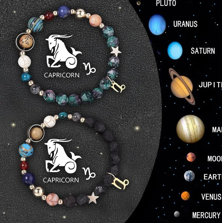 Natural stone beaded bracelet set showing zodiac sign designs on adjustable elastic cord