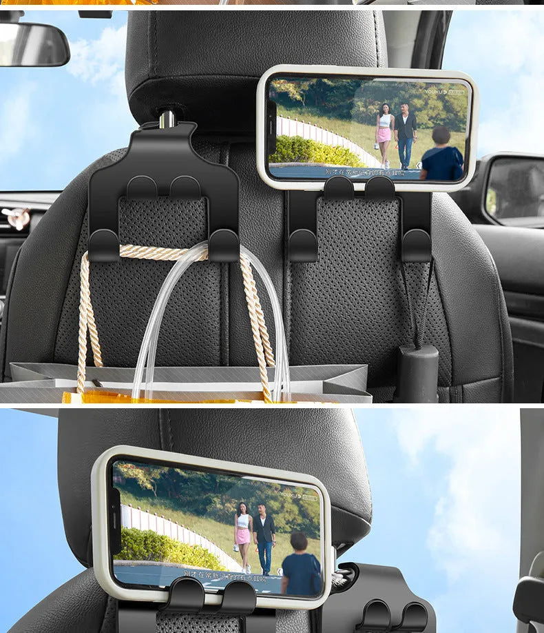 Pack of two black ABS plastic multifunction car hooks for mounting on dashboard or console.