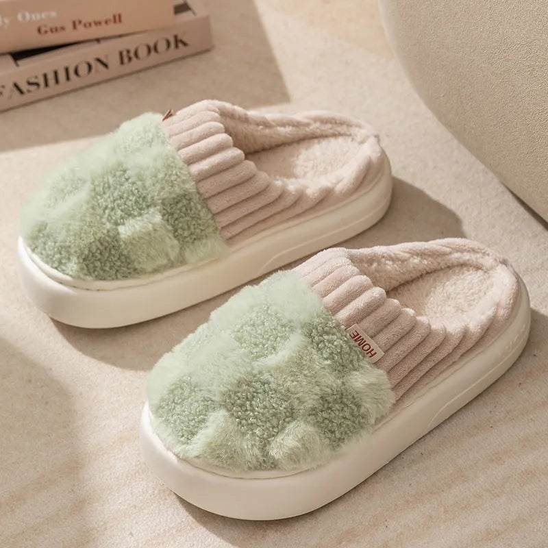 Plaid plush slippers for women with coral velvet upper, non-slip PVC sole, and plush lining in multiple colours
