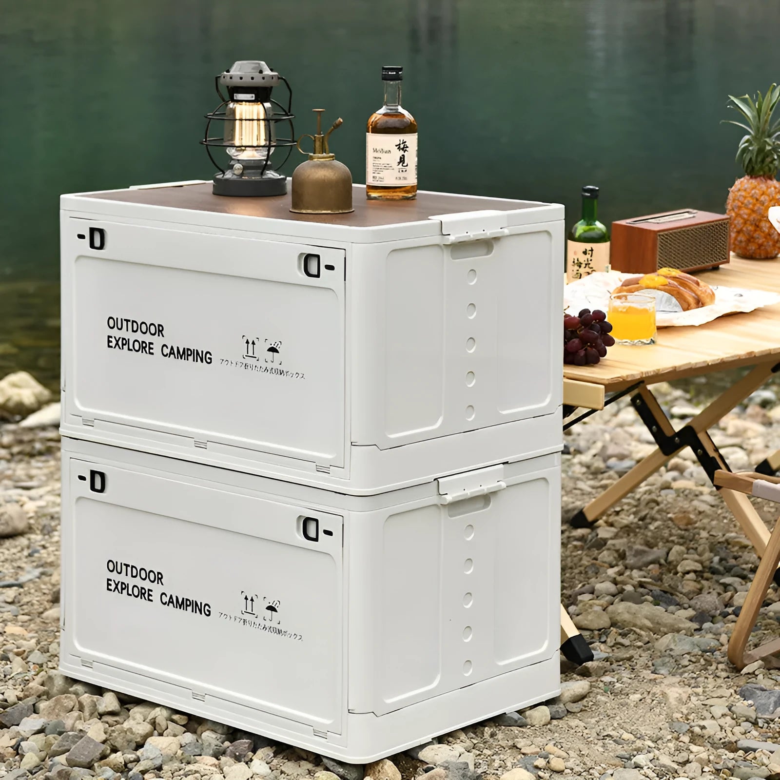 Oversized foldable plastic storage box with wooden lid in Nordic green colour