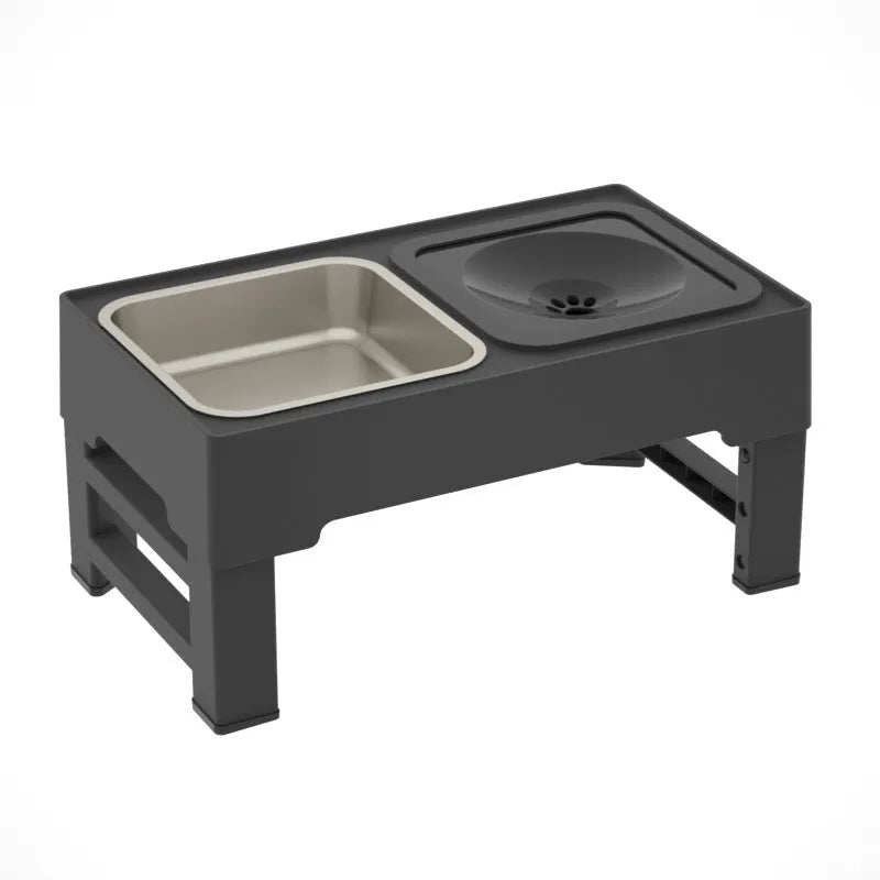 Adjustable height grey dog feeding stand with two stainless steel bowls on an anti-slip base