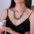 Silver electroplated geometric square tassel necklace with iron pendant and pure copper tassel on adjustable 31-40cm clavicle chain