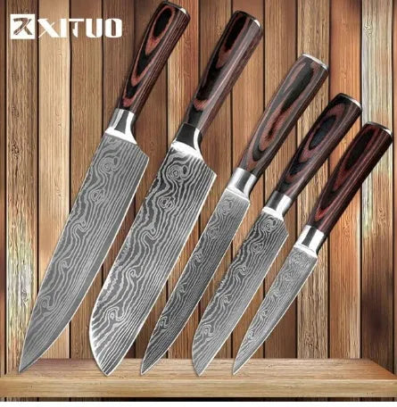 7Cr17 stainless steel kitchen knife with laser Damascus pattern blade and coloured wood handle