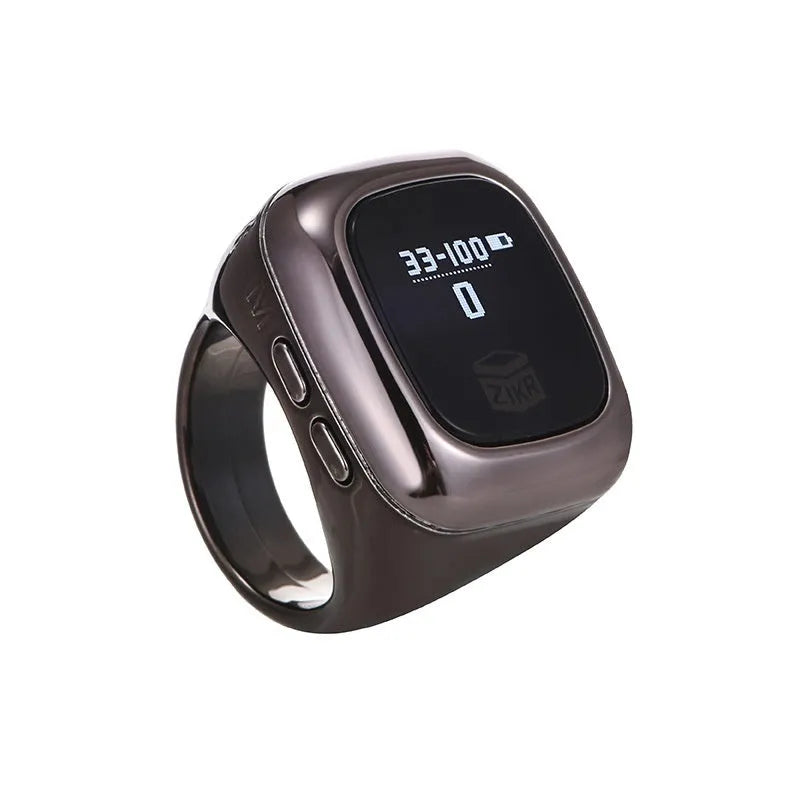 Al-Fatiha electronic zikr counter with digital display on a wrist, shown in various colours.