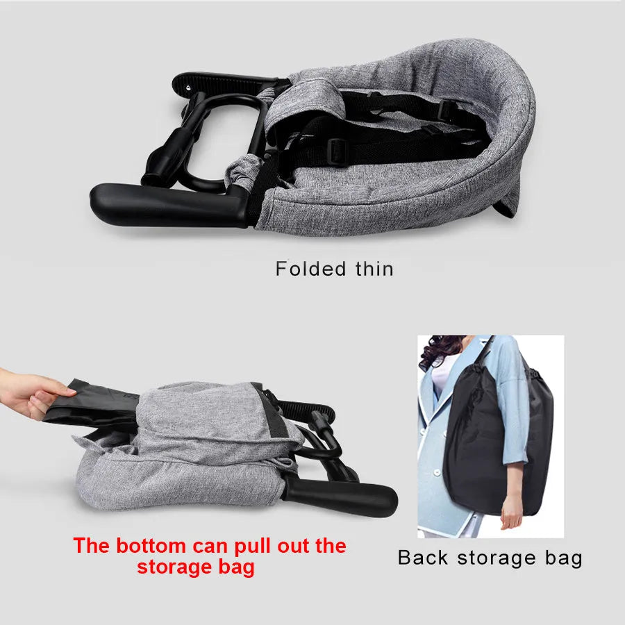 Portable baby dining seat cover with safety belt folded to show compact 42x36x7cm size