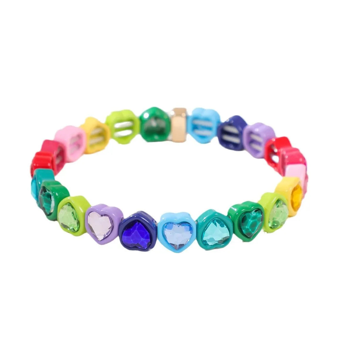 Colourful rainbow enamel heart-shaped stretch bracelet on a wrist.