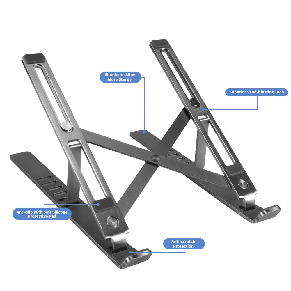 Silver aluminium alloy laptop stand in folded position showing adjustment gears