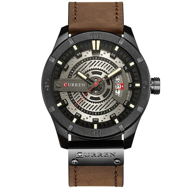 CURREN men's military sports watch with black shell case and brown leather band, 45mm dial showing date