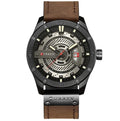 CURREN men's military sports watch with black shell case and brown leather band, 45mm dial showing date