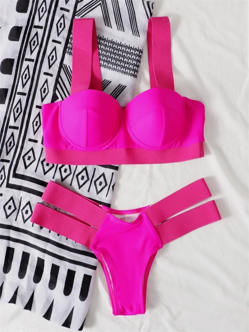 Women's contrast colour bikini swimsuit with steel bracket push-up board construction in multiple colour options