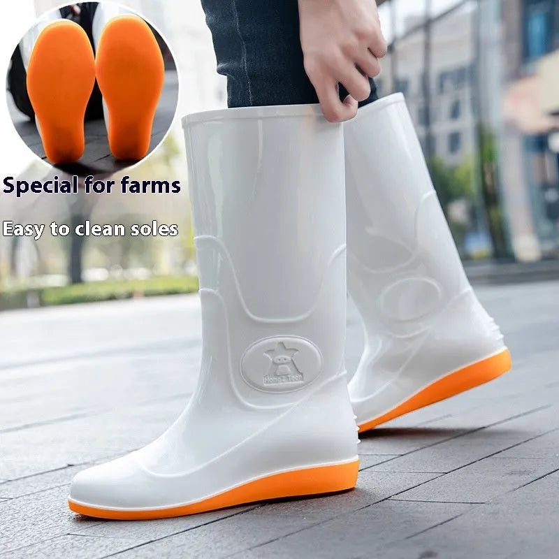 White and yellow plastic washable rain boots with high-tube design and flat heels for labour protection