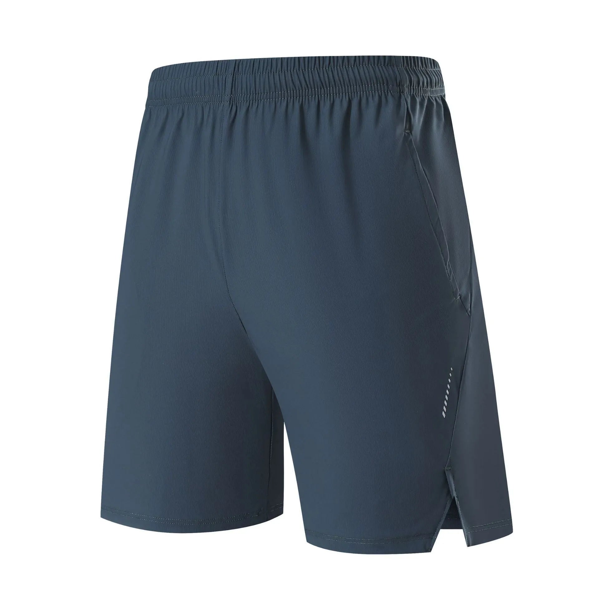 Man wearing grey ice silk nylon sports shorts with a mid-rise waistband.