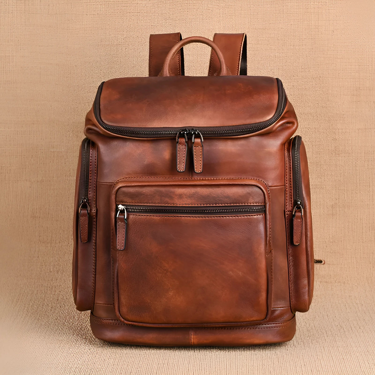 Genuine retro double-layer cowhide backpack for men in light brown with patchwork detailing