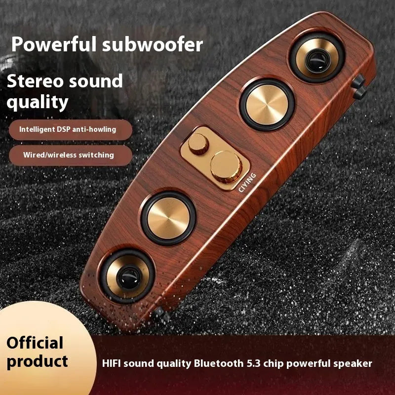 Retro portable Bluetooth speaker with wood grain water transfer print finish, 5W output, and USB power