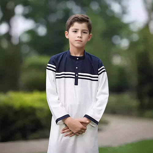Boys fashion colour contrast striped button robe in black, white and khaki polyester