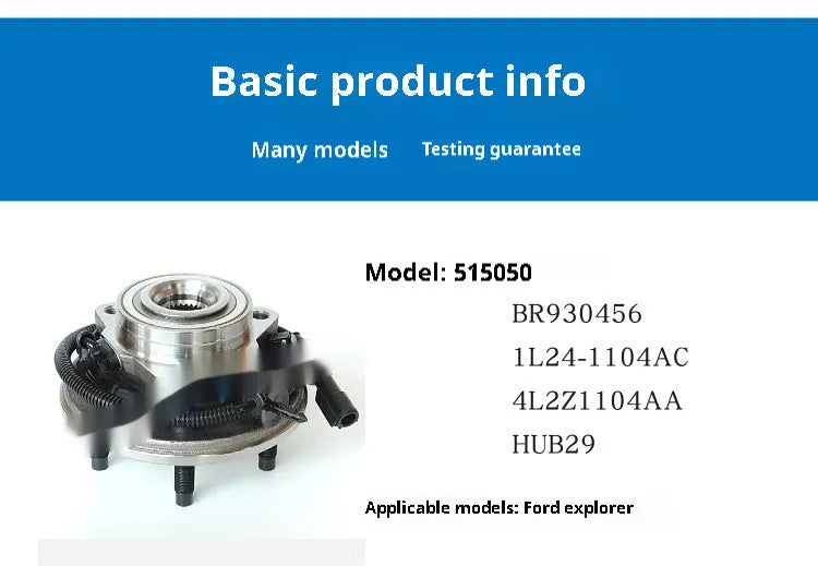 Black bearing steel wheel hub assembly for Ford Explorer with OE part numbers 515050 BR930456 1L24-1104AC 4L2Z1104AA