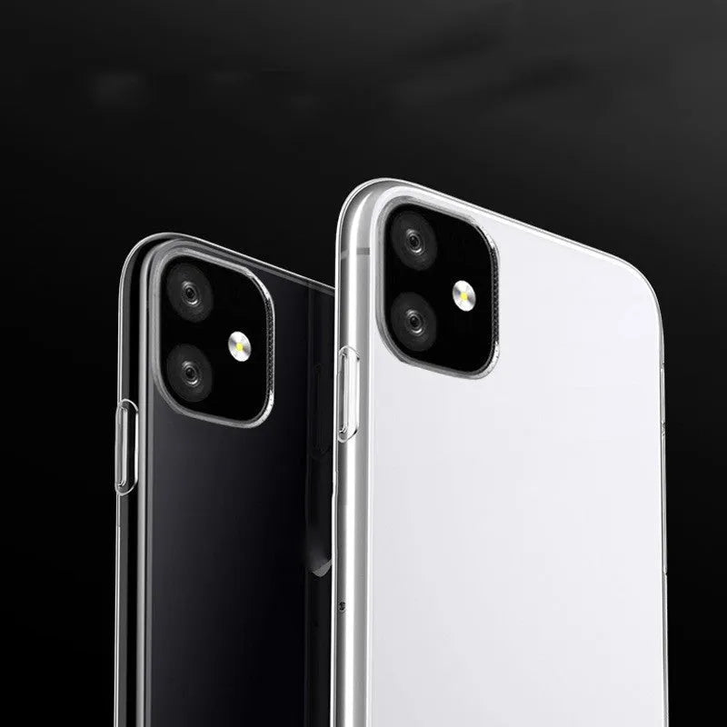 Transparent TPU soft shell mobile phone case for iPhone models on a white background.