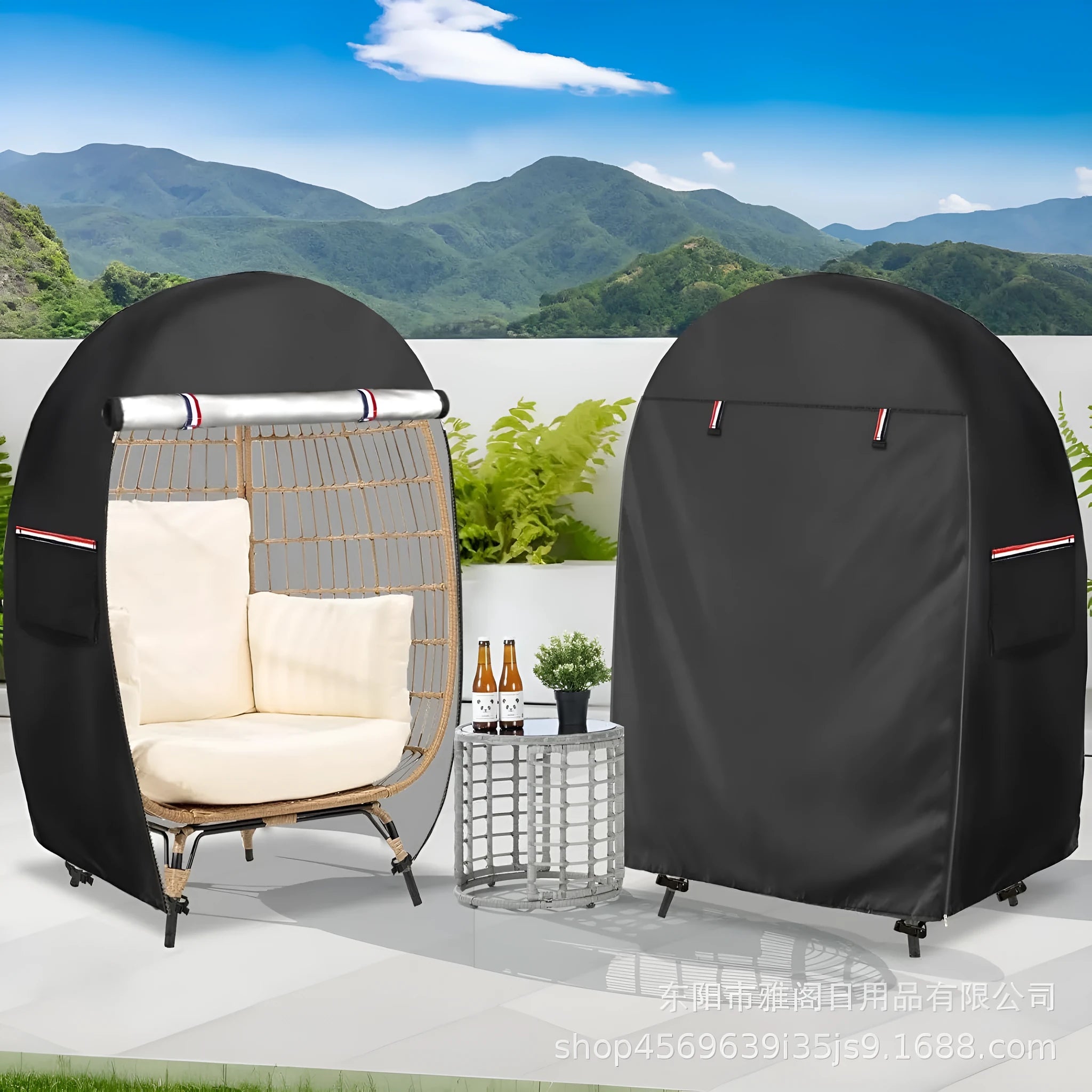 Outdoor waterproof zippered egg chair cover in black Oxford cloth for garden patio use