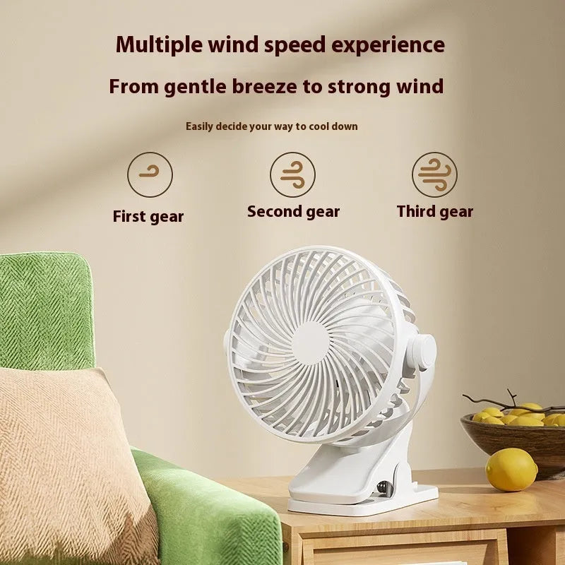 4-inch USB fan in white with three plastic blades and button controls on a desk