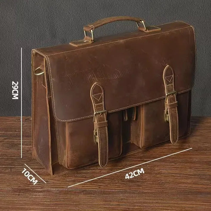 Cowhide leather crossbody computer bag in black coffee colour with anti-theft features and business design