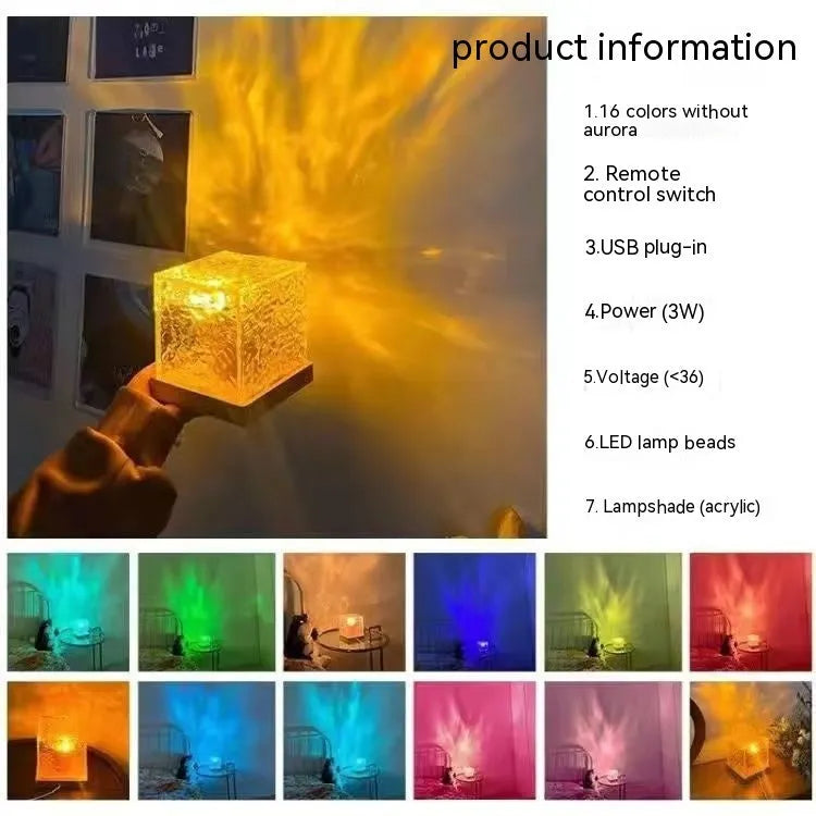 Geometric crystal LED table lamp projecting blue water ripple light patterns on wall with remote control